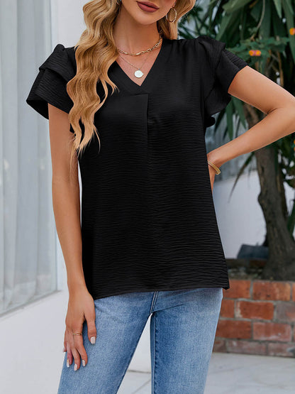 Loose Ruffle Sleeves Solid Color Split-Joint Textured V-Neck Blouses&Shirts Tops