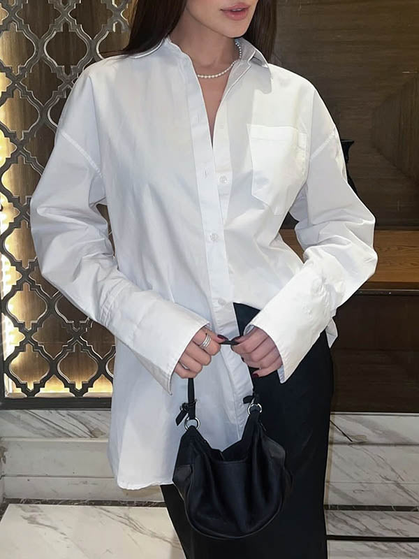 Long Sleeves Loose Buttoned Pockets Solid Color Lapel Blouses&Shirts Tops