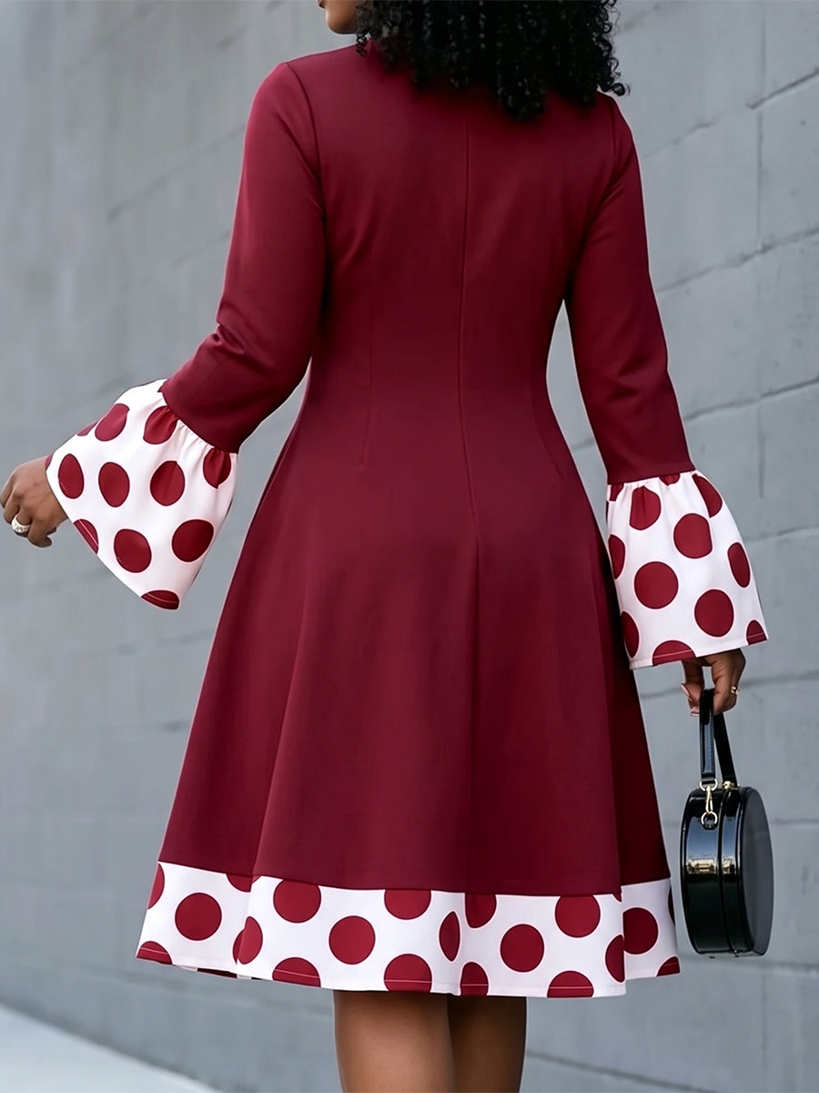 Zipper Split-Joint Polka-Dot Contrast Color Long Sleeves High Waisted Round-neck Midi Dresses