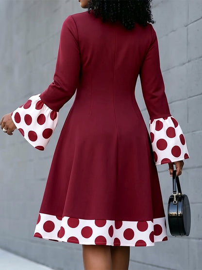 Zipper Split-Joint Polka-Dot Contrast Color Long Sleeves High Waisted Round-neck Midi Dresses