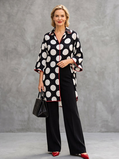 Split-front Split-Joint Polka Dot Contrast Color Three-quarter Sleeves Loose V-neck Blouses&shirts Tops