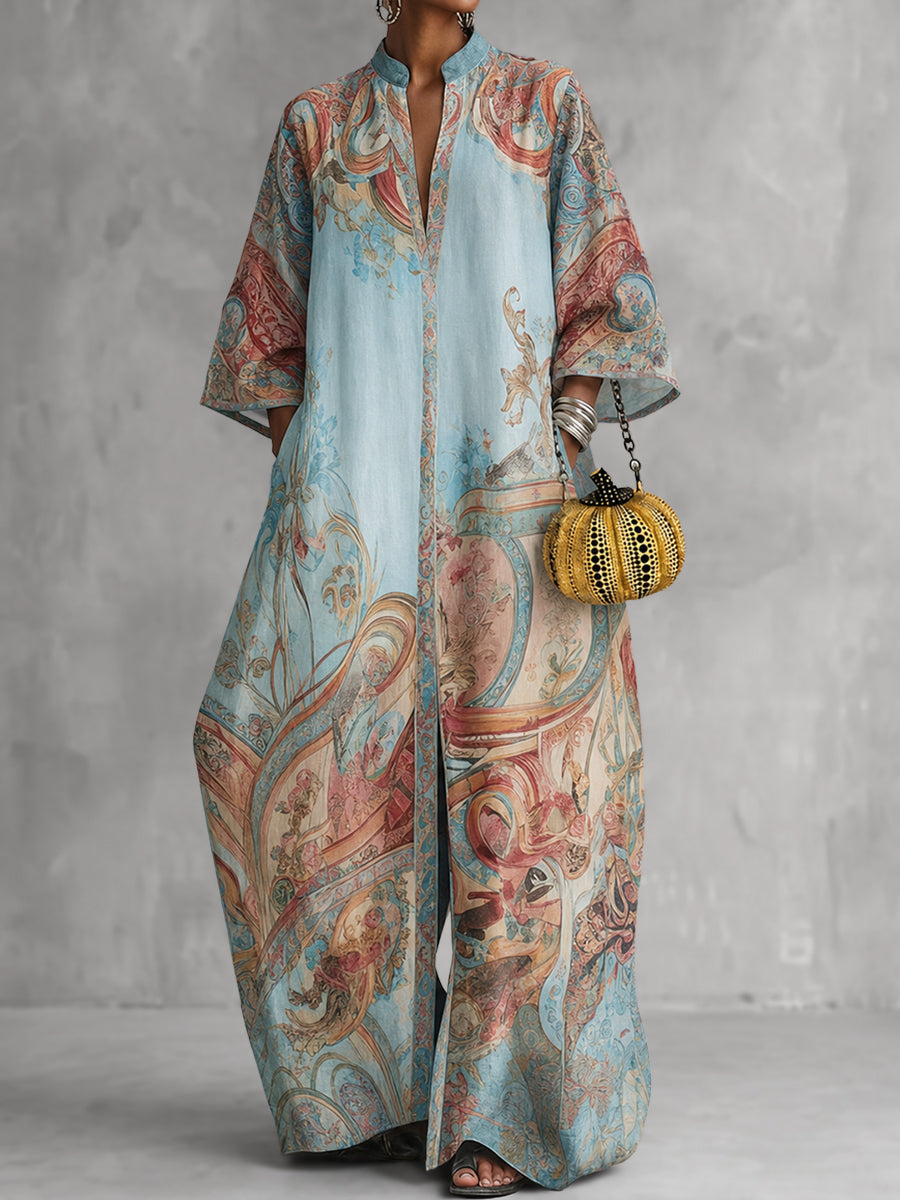 Printed Pockets Wide Leg Three-quarter Sleeves V-neck Jumpsuits
