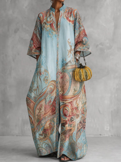 Printed Pockets Wide Leg Three-quarter Sleeves V-neck Jumpsuits