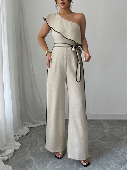 High Waisted Wide Leg Elasticity Tied Waist One-Shoulder Jumpsuits