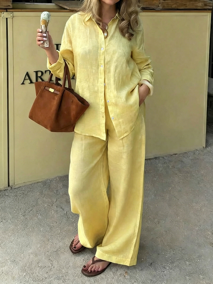 Solid Color Pockets Buttoned Plus Size Loose Lapel Two Pieces Set Trousers Pants Blouses&shirts Tops