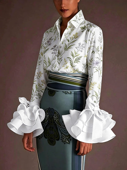 Long Sleeves Ruffle Sleeves Buttoned Flower Print Lapel Blouses&Shirts Tops