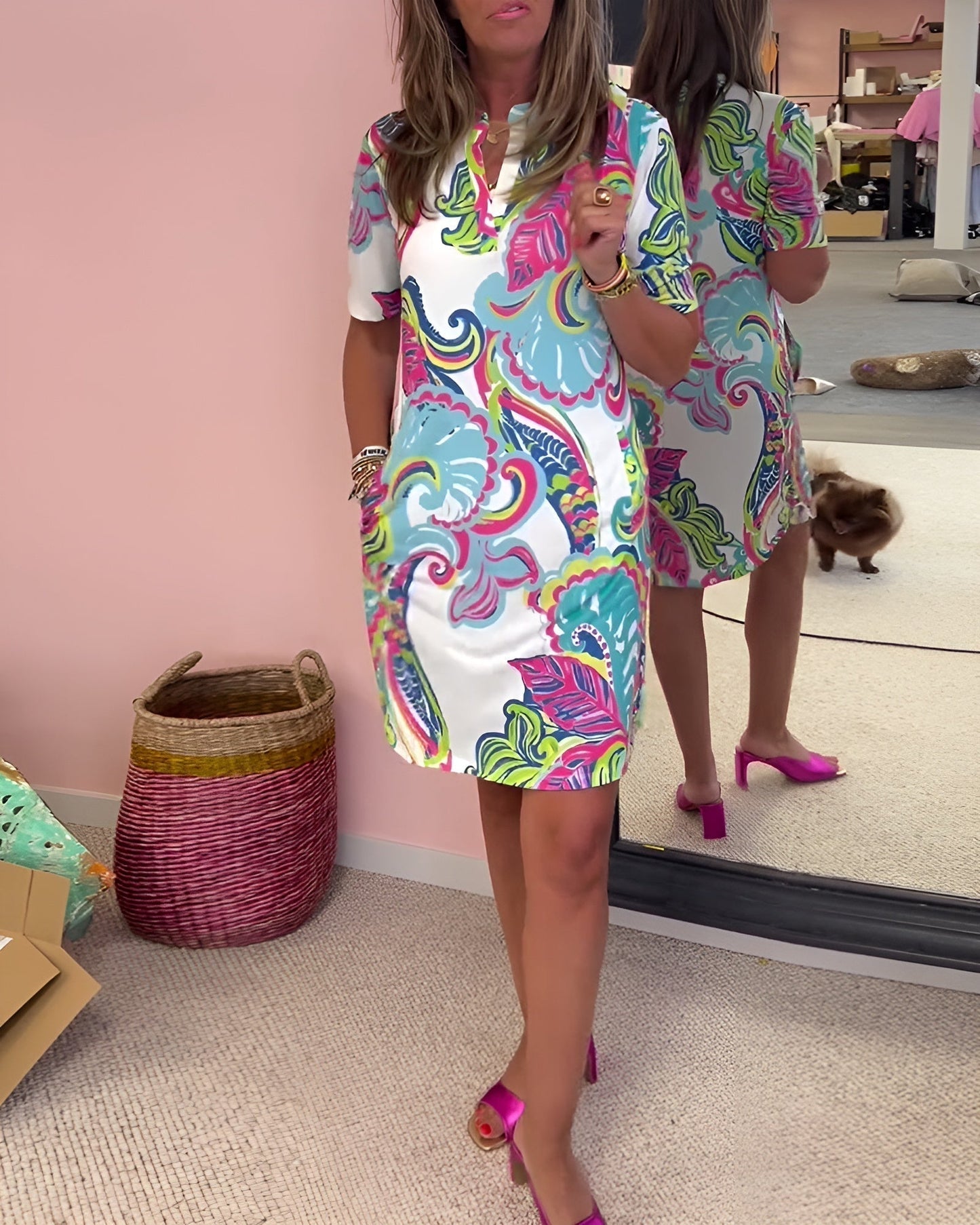 Piper | Women's V Neck Tummy Control Printed Draped Dress Casual Summer