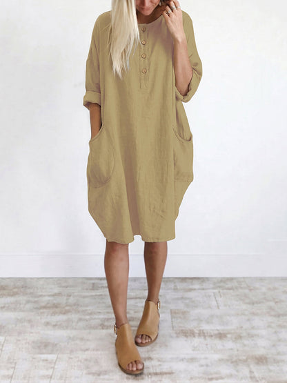 Long Sleeves Loose Pockets Solid Color Round-Neck Mini Dresses