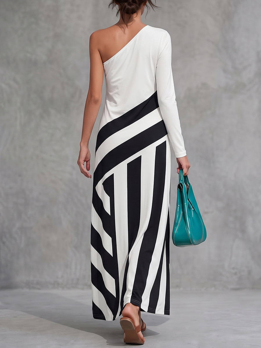 Striped Elasticity Contrast Color Asymmetric Loose Long Sleeves One-shoulder Maxi Dresses