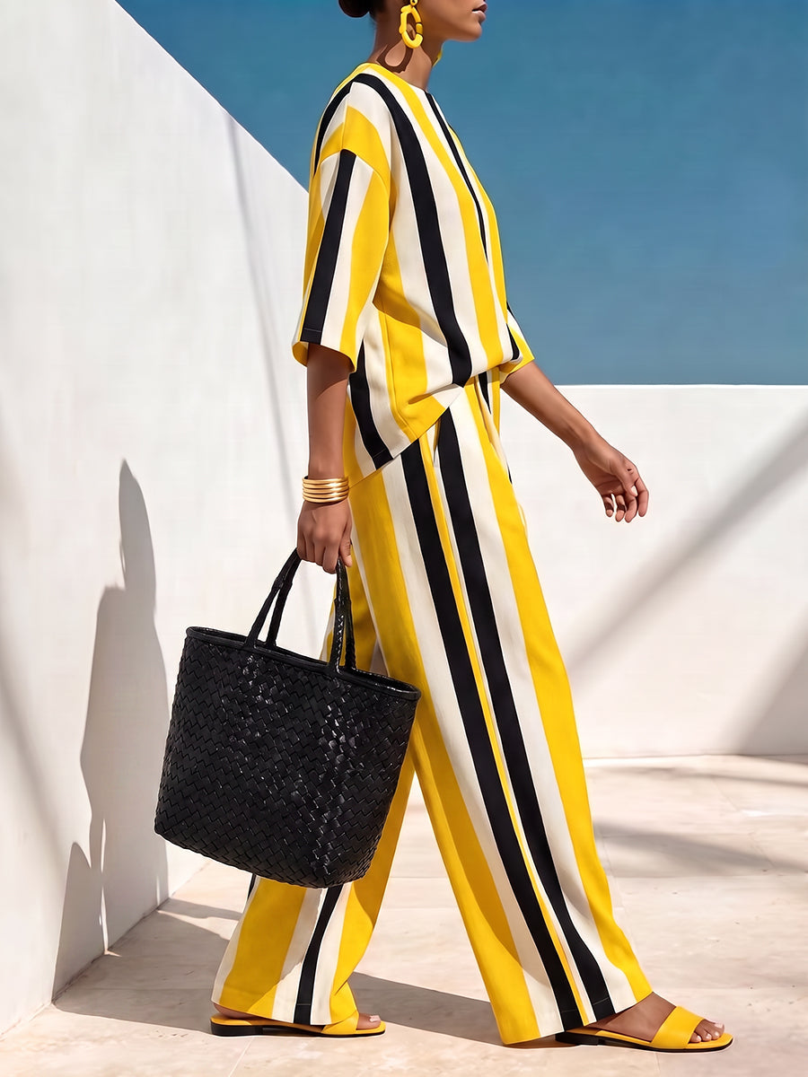 Striped Contrast Color Loose Half Sleeves Round-neck Blouses&shirts Tops [Enhanced Image Details]