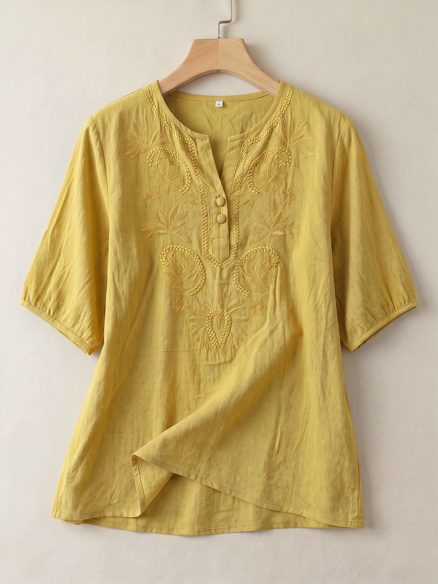 Solid Color Embroidered Buttoned Loose Half Sleeves Round-neck Blouses&shirts Tops