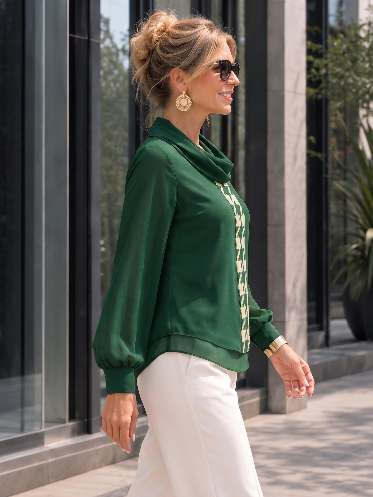 Split-Joint See-Through Houndstooth Contrast Color Puff Sleeves Long Sleeves Heaps Collar Blouses&shirts Tops