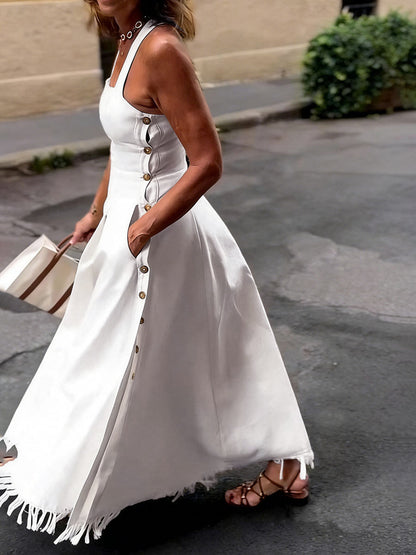 A-Line High Waisted Buttoned Pleated Pockets Solid Color Split-Side Tasseled Square-Neck Maxi Dresses