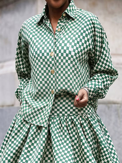 Plaid Contrast Color Buttoned Long Sleeves Lapel Blouses&shirts Tops