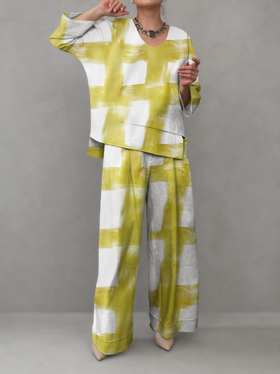 Contrast Color Printed V-Neck Long Sleeves Asymmetric Blouses&Shirts Tops + High Waisted Pockets Pants Trousers Two Pieces Set