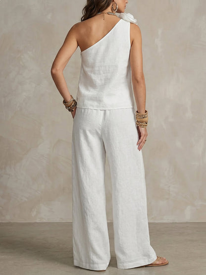 Loose Sleeveless Solid Color Three-Dimensional Flower One-Shoulder Tank Top