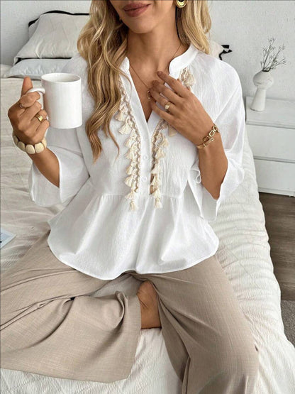 Tasseled Split-Joint Pleated Contrast Color Buttoned Loose Long Sleeves V-neck Blouses&shirts Tops