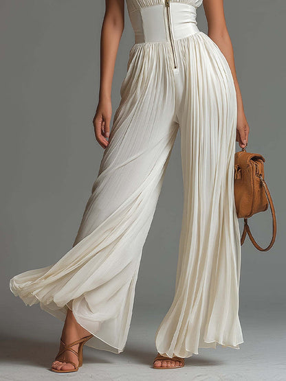 High Waisted Sleeveless Pleated Solid Color Zipper V-Neck Jumpsuits