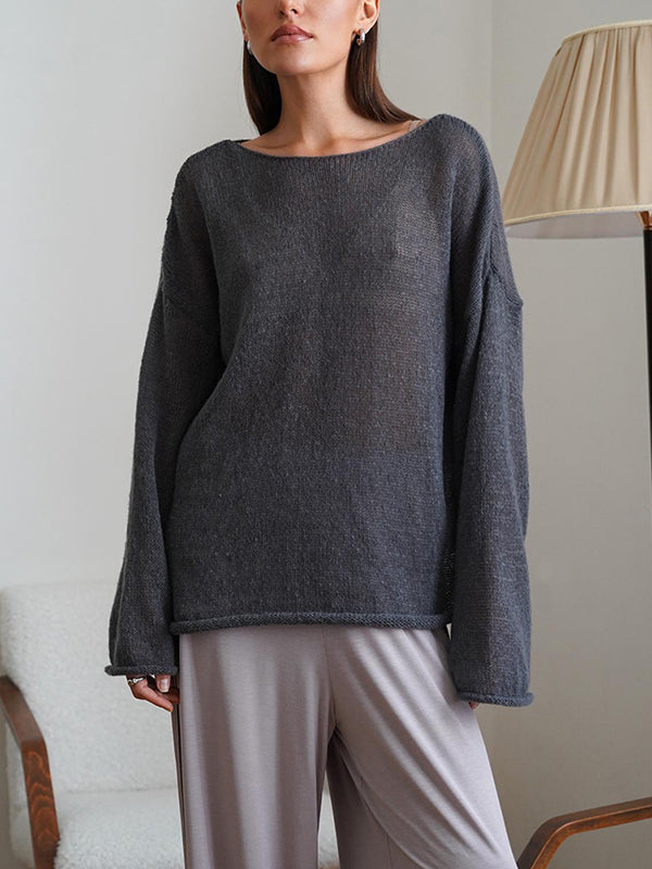 Long Sleeves Loose See-Through Solid Color Split-Joint Round-Neck Sweater Tops