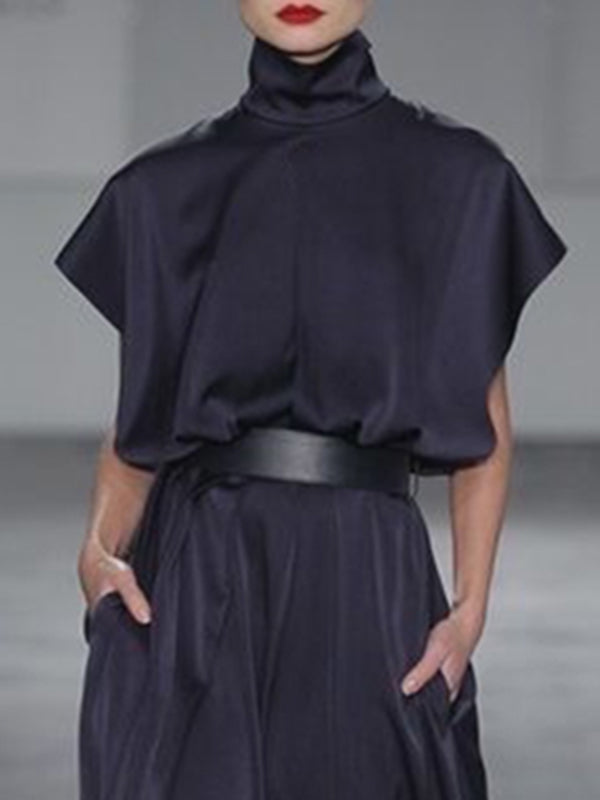 Loose Raglan Sleeve Solid Color Split-Joint Tied Waist High Neck Maxi Dresses