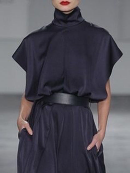 Loose Raglan Sleeve Solid Color Split-Joint Tied Waist High Neck Maxi Dresses