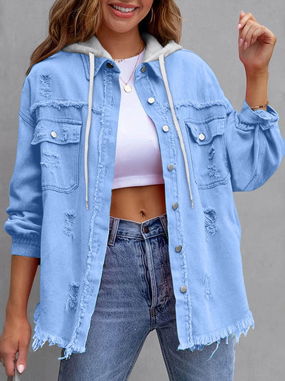 Split-Joint Pockets Fringed Buttoned Loose Long Sleeves Hooded Outerwear