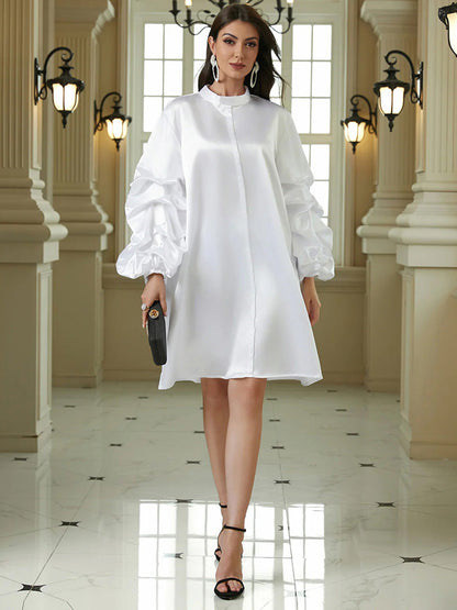 Long Sleeves Loose Pleated Solid Color Split-Joint Stand Collar Mini Dresses