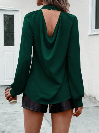 Long Sleeves Loose Backless Pleated Solid Color Mock Neck Blouses&Shirts Tops