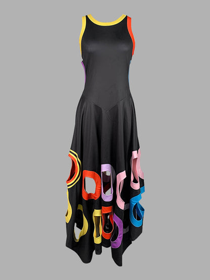 A-Line High Waisted Contrast Color Hollow Round-Neck Maxi Dresses