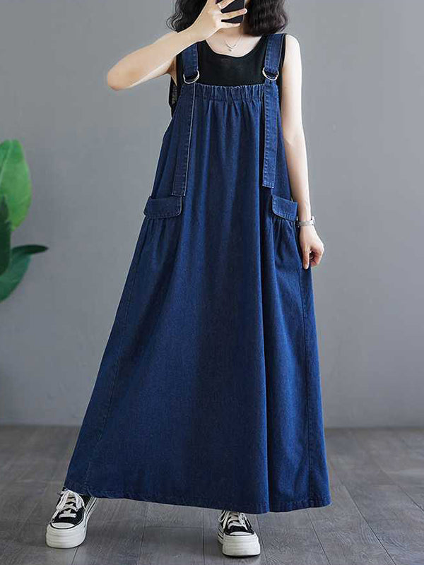 A-Line Loose Pleated Pockets Split-Joint Spaghetti-Neck Maxi Dresses Suspender Dress