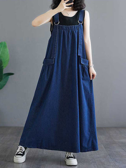 A-Line Loose Pleated Pockets Split-Joint Spaghetti-Neck Maxi Dresses Suspender Dress