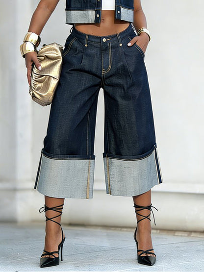 Loose Wide Leg Pleated Pockets Jean Pants Bottoms
