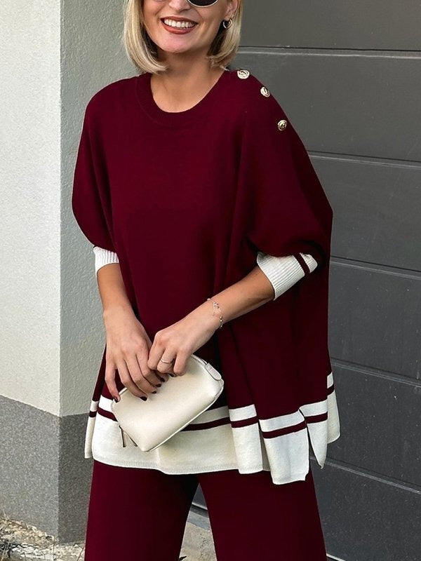 High-Low Long Sleeves Buttoned Split-Side Round-Neck Pullovers Sweater Tops