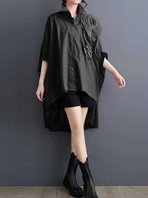 Batwing Sleeves Half Sleeves Asymmetric Buttoned Pleated Solid Color Three-Dimensional Flower Lapel Blouses&Shirts Tops