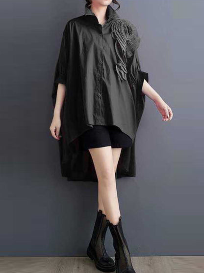 Batwing Sleeves Half Sleeves Asymmetric Buttoned Pleated Solid Color Three-Dimensional Flower Lapel Blouses&Shirts Tops