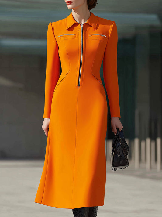 Bodycon Long Sleeves Solid Color Zipper Lapel Maxi Dresses