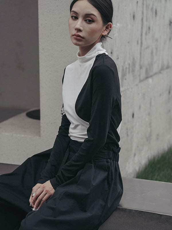 T-shirts urbains skinny à manches longues et col montant asymétriques contrastés 