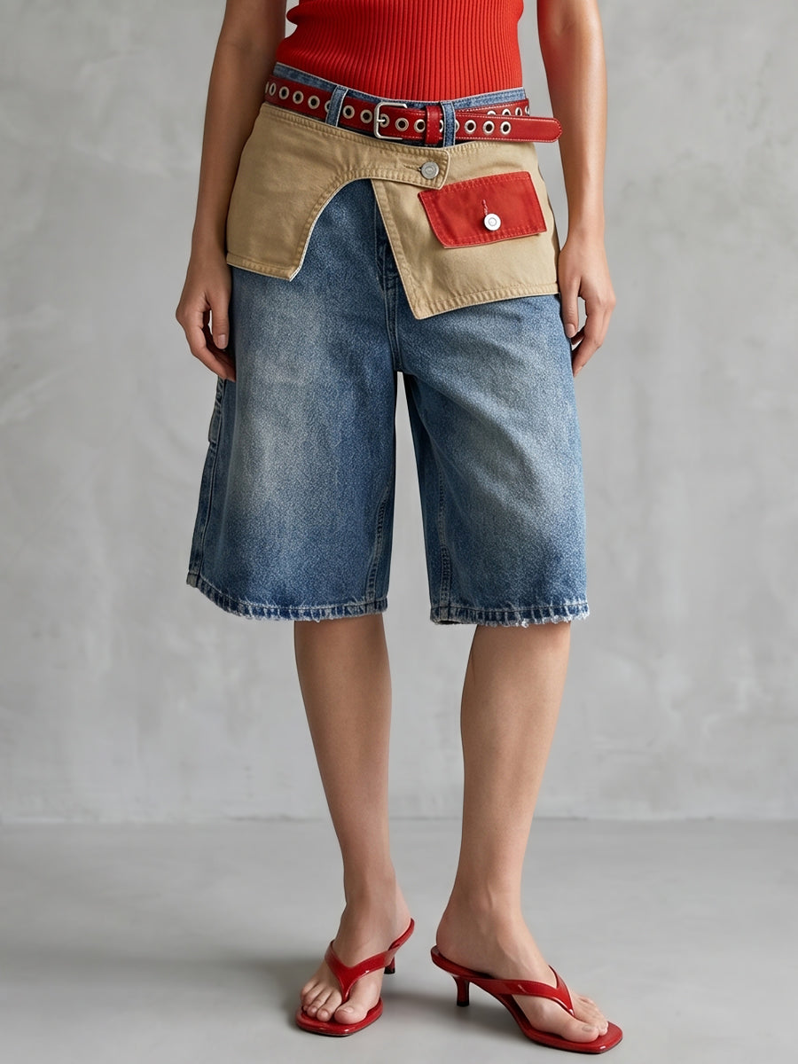 High Waisted Wide Leg Belted Buttoned Contrast Color Layered Split-Joint Denim Shorts