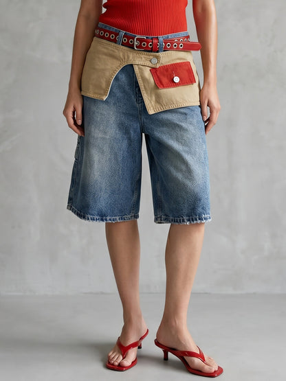 High Waisted Wide Leg Belted Buttoned Contrast Color Layered Split-Joint Denim Shorts