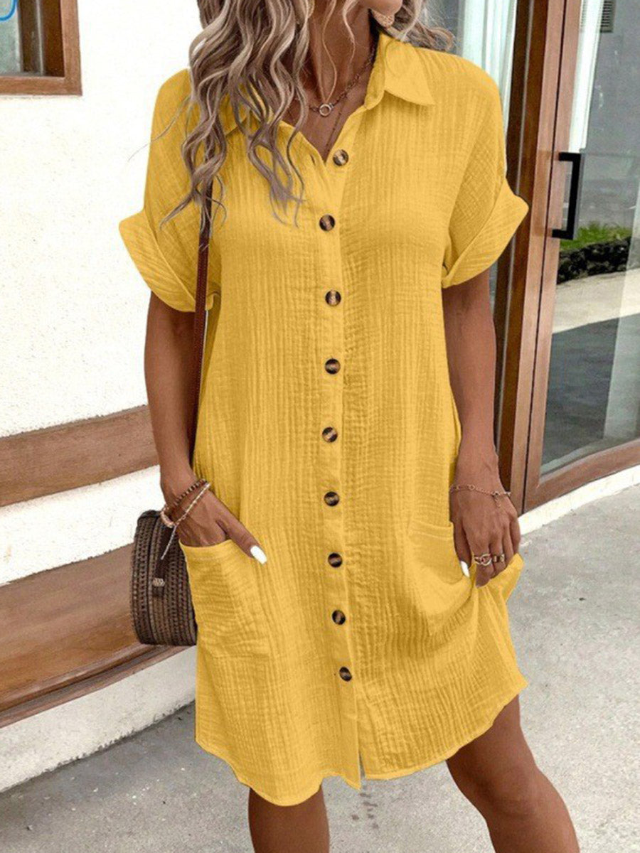 Half Sleeves Loose Buttoned Pockets Solid Color Lapel Mini Dresses