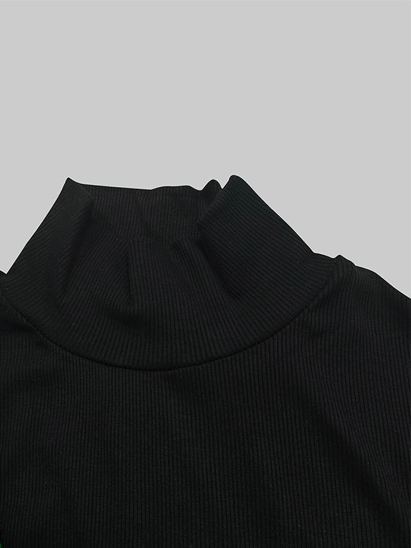 Skinny Solid Color Split-Joint High Neck T-shirts