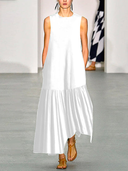 Robe longue trapèze ample à col rond et fentes de couleur unie 