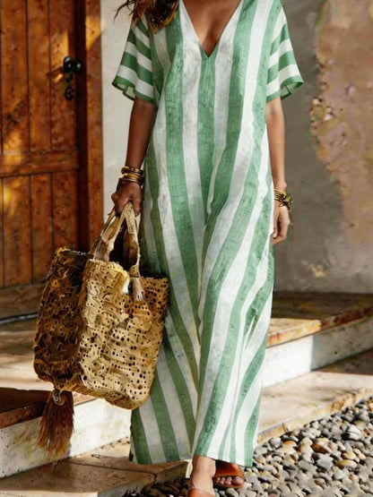 Striped Contrast Color Short Sleeves Plus Size V-neck Maxi Dresses