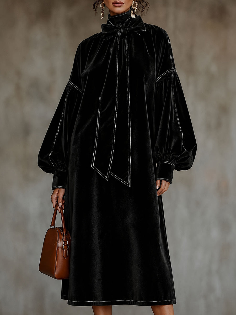 Split-Joint Knot Contrast Color Puff Sleeves Plus Size High-neck Midi Dresses