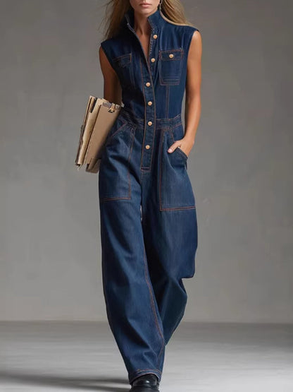 Loose Plus Size Buttoned Pockets Solid Color Split-Joint Stand Collar Jumpsuits