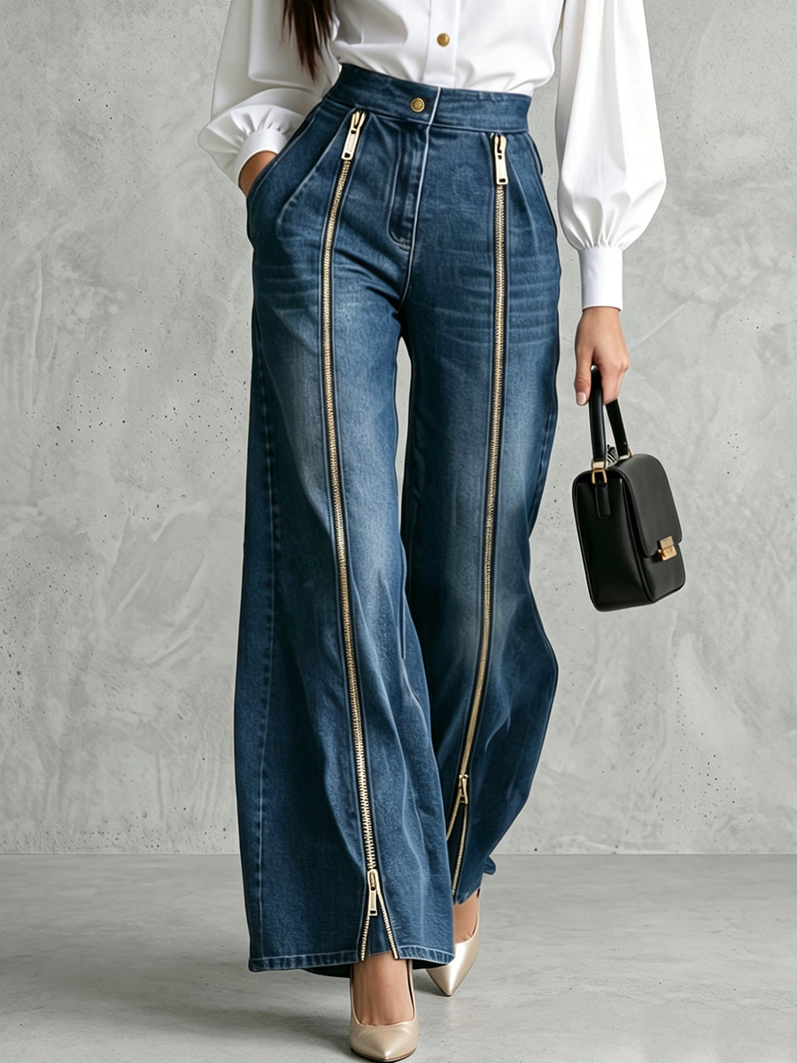 High Waisted Wide Leg Buttoned Pockets Zipper Jean Pants Bottoms