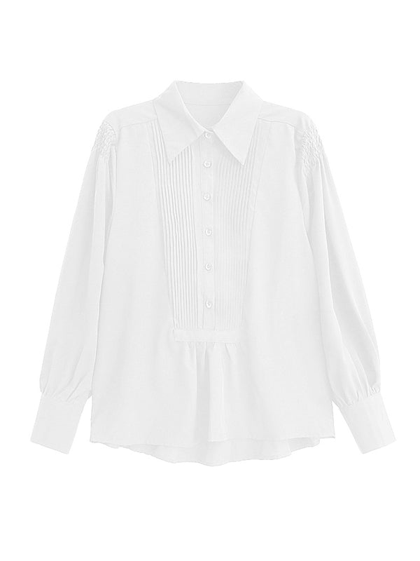 Long Sleeves Loose Buttoned Pleated Solid Color Polo Blouses&Shirts Tops