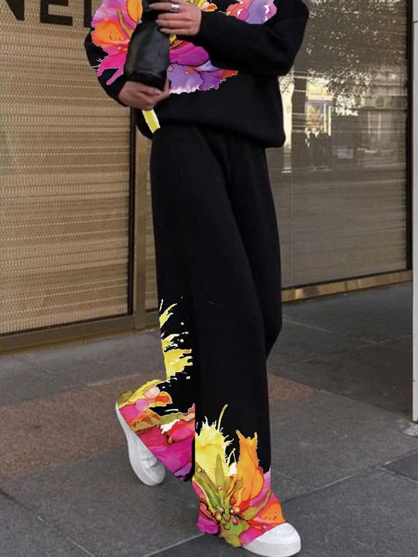 Loose Wide Leg Flower Print Pants Trousers BLACK