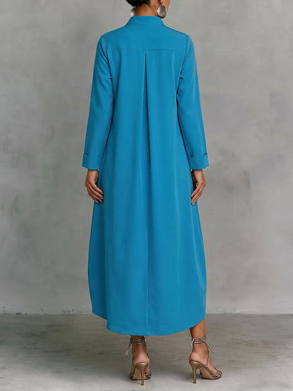 Solid Color Pockets Loose Long Sleeves V-neck Midi Dresse