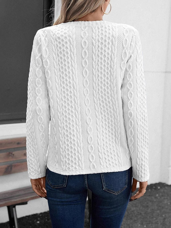 Long Sleeves Loose Pockets Solid Color Split-Joint V-Neck T-Shirts Tops